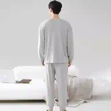 莫代尔 轻盈吸湿排汗舒适亲肤耐磨柔软微弹透气可居家休闲可外穿长袖长裤睡衣套装 男款 浅灰色