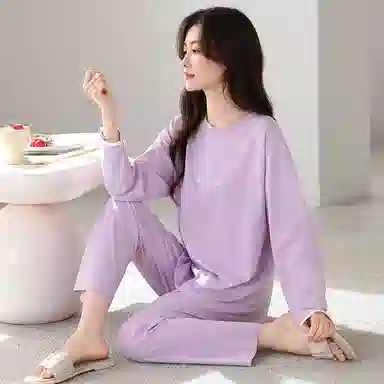 莫代尔 舒适亲肤柔软吸湿排汗轻盈微弹耐磨细腻透气长袖休闲可外穿秋冬季睡衣套装 女款 淡紫色
