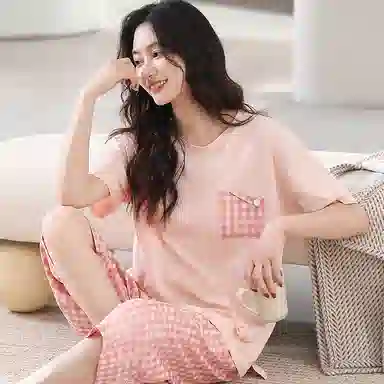 莫代尔 可外穿时尚经典休闲韩版舒适简约亲肤透气短袖七分裤家居服睡衣套装 女款 粉红色