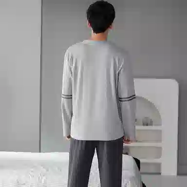 莫代尔 纯色简约亲肤休闲套头圆领长袖长裤可外穿睡衣套装 男款 浅花灰