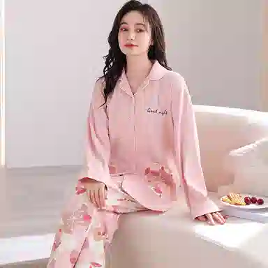 莫代尔 亲肤长袖有口袋长裤韩版甜美家居服可外穿简约小清新睡衣套装 女款 桃色