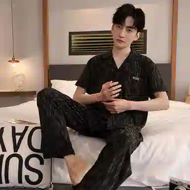 莫代尔 舒适轻柔细腻翻领百搭短袖上衣可外穿家居服长裤睡衣套装 男款 黑色