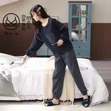 莫代尔 带胸垫防凸点柔软舒适亲肤休闲简约时尚百搭可外穿睡衣套装 女款 藏青色