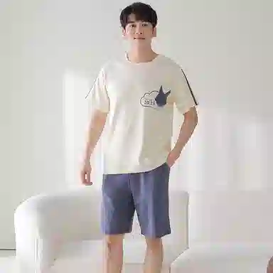 莫代尔 薄款韩版卡通时尚亲肤透气短袖五分裤家居服休闲可外穿睡衣套装 男款 杏色