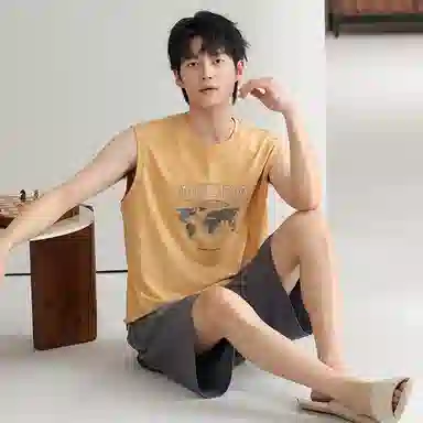 莫代尔 可外穿经典休闲简约亲肤时尚柔软圆领居家服睡衣套装 男款 橙色