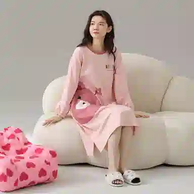 莫代尔 轻盈耐磨微弹吸湿排汗透气柔软细腻舒适亲肤可居家休闲可外穿长袖睡裙套装 女款 粉色