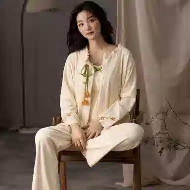 莫代尔 简约轻熟风柔软时尚亲肤透气可外穿居家服睡衣套装 女款 杏色