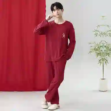 莫代尔 抗菌时尚喜庆简约轻盈微弹舒适亲肤柔软不易起球居家服可外穿睡衣套装 男款 红色