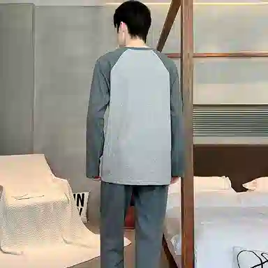 莫代尔 韩系纯色简约时尚条纹经典舒适亲肤休闲家居服套头圆领长袖上衣松紧带双口袋长裤可外穿睡衣套装 男款 浅花灰