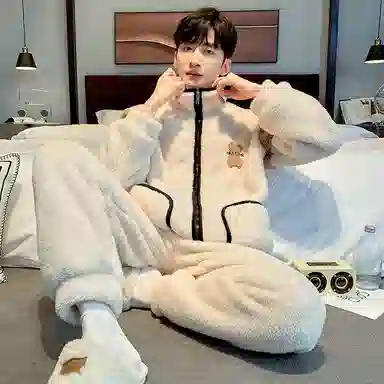 莫代尔 舒适保暖韩版时尚卡通可外穿休闲简约睡衣套装 男款 杏色