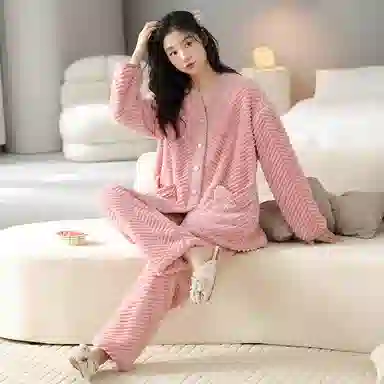 莫代尔 亲肤保暖开衫纯色家居服可外穿睡衣套装 女款 粉色