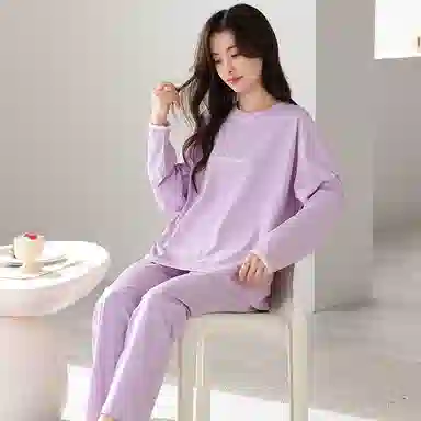 莫代尔 舒适亲肤柔软吸湿排汗轻盈微弹耐磨细腻透气长袖休闲可外穿秋冬季睡衣套装 女款 淡紫色