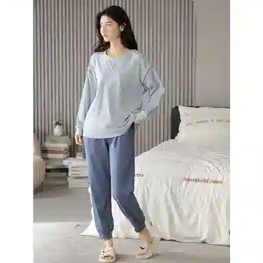 莫代尔 亲肤舒适套头圆领长袖长裤家居服简约可外穿睡衣套装 女款 浅蓝色