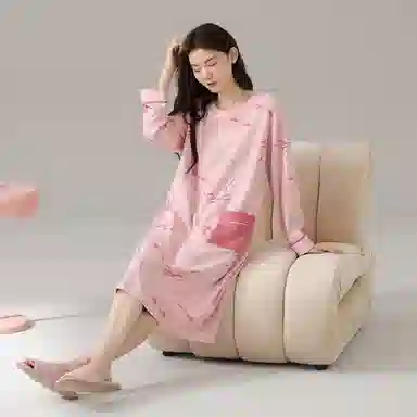 莫代尔 轻盈耐磨微弹透气吸湿排汗柔软长袖睡裙 女款 粉色