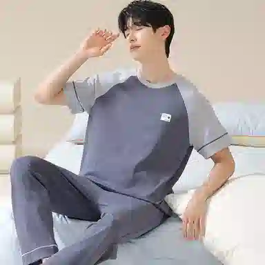 莫代尔 时尚纯色韩系舒适透气亲肤圆领套头短袖上衣双口袋松紧带长裤居家休闲可外穿睡衣套装 男款 图片色