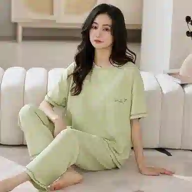 莫代尔 舒适简约时尚气质圆领套头个性百搭柔软亲肤不易起球短袖长裤可外穿夏季睡衣套装 女款 浅绿色