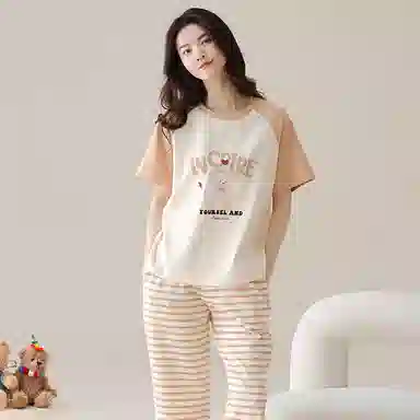 莫代尔 舒适简约柔软亲肤圆领短袖上衣家居服可外穿长裤睡衣套装 女款 桔色