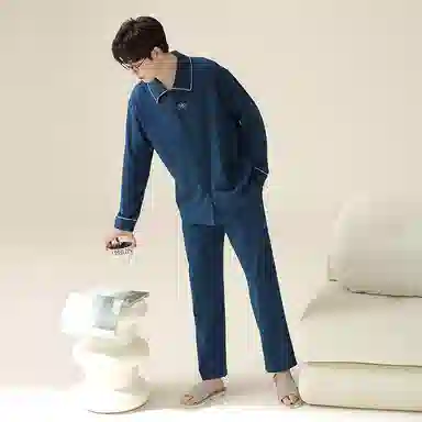 莫代尔 细腻微弹柔软吸湿排汗耐磨亲肤舒适长袖长裤居家休闲可外穿睡衣套装 男 藏青色