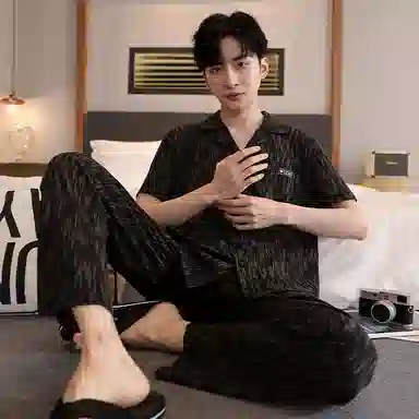 莫代尔 舒适轻柔细腻翻领百搭短袖上衣可外穿家居服长裤睡衣套装 男款 黑色