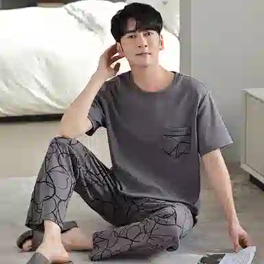 莫代尔 舒适亲肤柔软透气微弹耐磨圆领短袖松紧裤腰不勒腹长裤可居家休闲可外穿睡衣套装 男款 灰色