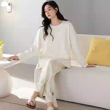 莫代尔 韩版小清新长袖长裤简约柔软亲肤舒适轻盈透气居家可外穿睡衣套装 女款 白色