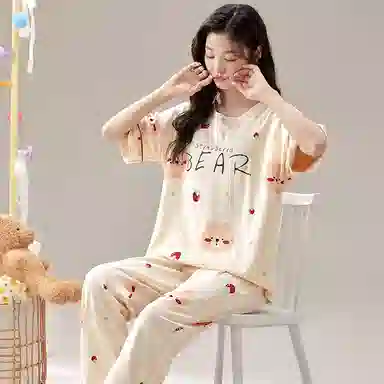 莫代尔 夏季印花图案舒适圆领短袖透气可外穿居家长裤睡衣套装 女款 杏色