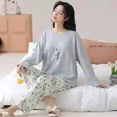 莫代尔 小清新长袖长裤带胸垫简约时尚柔软舒适透气居家可外穿睡衣套装 女款 图色