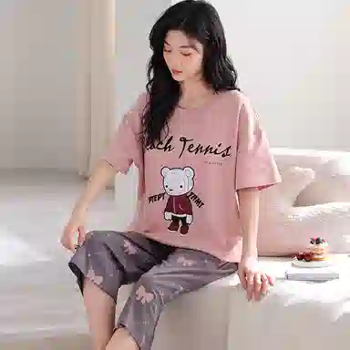 莫代尔 字母小熊印花舒适圆领上衣蝴蝶结七分裤睡衣套装 女款 粉色
