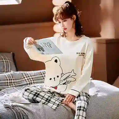 莫代尔 舒适柔软透气小熊印花亲肤长袖弹力裤腰不勒腹长裤可居家休闲外穿睡衣套装 女款 杏色