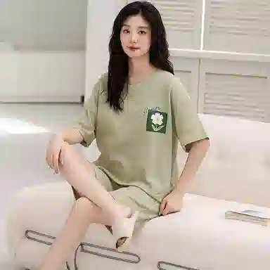 莫代尔 可外穿休闲时尚亲肤微弹圆领短袖春夏季睡衣套装 女款 绿色