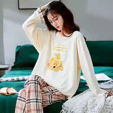 莫代尔 时尚卡通印花长袖格子长裤休闲居家学生家居服亲肤透气可外穿睡衣套装 女款 乳白色