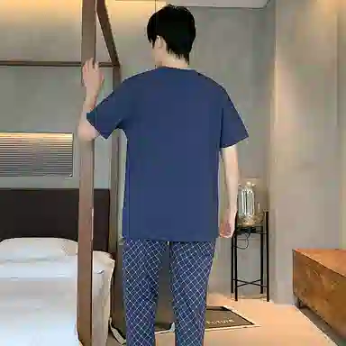 莫代尔 舒适透气简约圆领百搭短袖上衣可外穿居家服长裤睡衣套装 男款 深蓝色