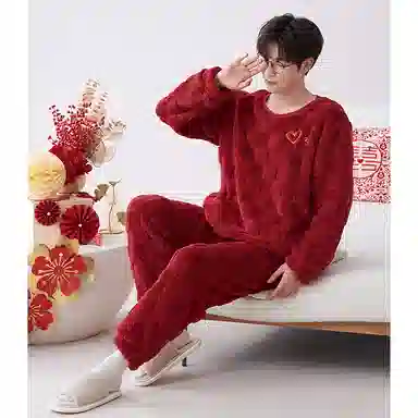 莫代尔 保暖亲肤舒适透气细腻圆领气质时尚家居服长袖长裤可外穿睡衣套装 男女同款 红色