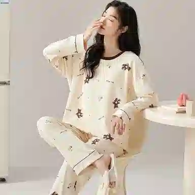 莫代尔 轻盈透气简约微弹亲肤长袖长裤可外穿居家服睡衣套装 女款 杏色