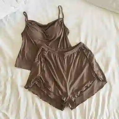 莫代尔 素色时尚舒适亲肤带胸垫防凸点吊带衫短裤可外穿睡衣套装 女款