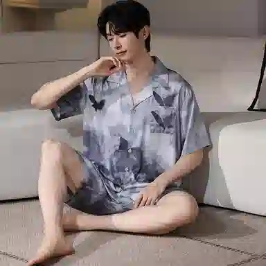 莫代尔 休闲简约宽松细腻翻领开衫舒适柔软亲肤透气显瘦个性无束缚短袖短裤情侣款家居服可外穿睡衣套装 男女同款