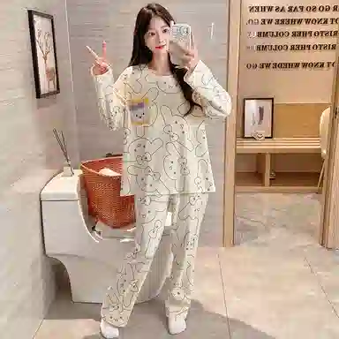 莫代尔 舒适亲肤带胸垫防凸点套头圆领长袖长裤卡通满印甜美可外穿睡衣套装 女款 杏色