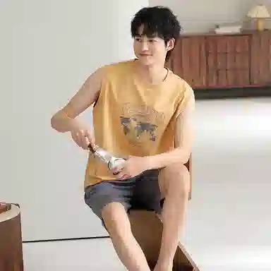 莫代尔 可外穿经典休闲简约亲肤时尚柔软圆领居家服睡衣套装 男款 橙色