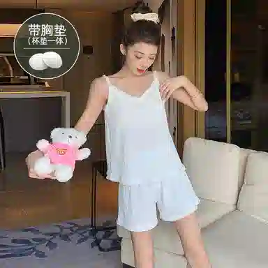 莫代尔 百搭细腻带胸垫防凸点吊带上衣家居服可外穿三分裤夏季睡衣套装 女款 白色