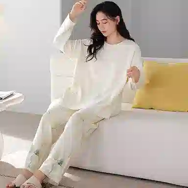 莫代尔 韩版小清新长袖长裤简约柔软亲肤舒适轻盈透气居家可外穿睡衣套装 女款 白色