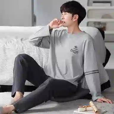 莫代尔 纯色简约亲肤休闲套头圆领长袖长裤可外穿睡衣套装 男款 浅花灰