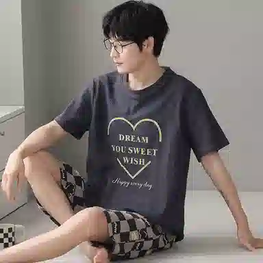 莫代尔 简约字母时尚韩版舒适亲肤透气短袖松紧带可外穿休闲五分裤睡衣套装 男款 浅灰色