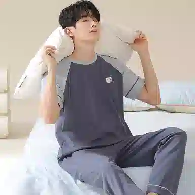 莫代尔 时尚纯色韩系舒适透气亲肤圆领套头短袖上衣双口袋松紧带长裤居家休闲可外穿睡衣套装 男款 图片色