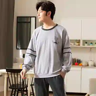 莫代尔 经典简约时尚气质保暖轻柔亲肤舒适圆领有口袋长袖长裤时尚宿舍可穿睡衣套装 男款 灰色