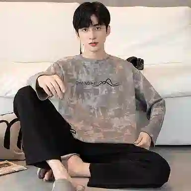 莫代尔 韩版时尚亲肤柔软透气舒适休闲居家可外穿圆领长袖长裤睡衣套装 男款 灰色