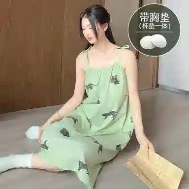 莫代尔 休闲舒适清新时尚亲肤细腻带胸垫防凸点无束缚无袖吊带可外穿家居睡裙 女款 绿色