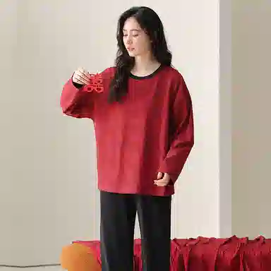 莫代尔 中国风潮流喜庆轻薄时尚柔软舒适微弹透气亲肤耐磨长袖宽松休闲可外穿春秋季睡衣套装 女款 红色