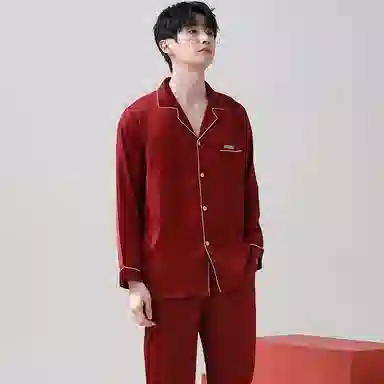 莫代尔 舒适柔软细腻亲肤微弹透气耐磨冰丝圆润纽扣不伤手开衫长袖松紧裤腰不勒腹长裤可居家休闲可外穿睡衣套装 男款 砖红色