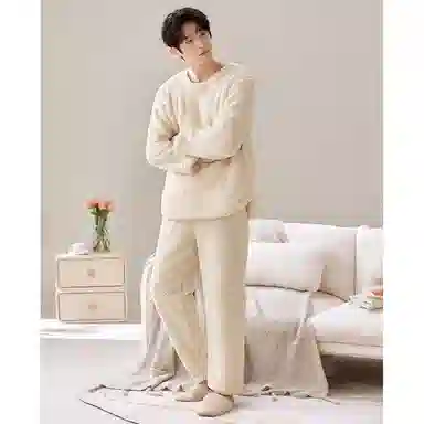 莫代尔 时尚套头圆领长袖长裤保暖亲肤舒适家居服可外穿睡衣套装 男女同款 杏色
