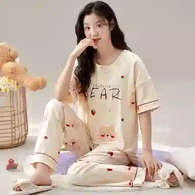 莫代尔 夏季印花图案舒适圆领短袖透气可外穿居家长裤睡衣套装 女款 杏色